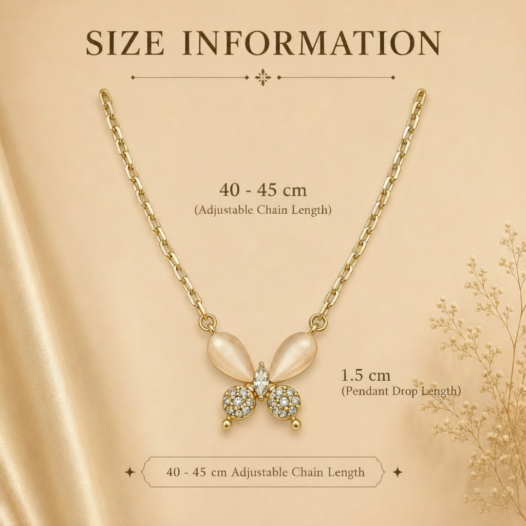 Butterfly necklace with size information on a beige background