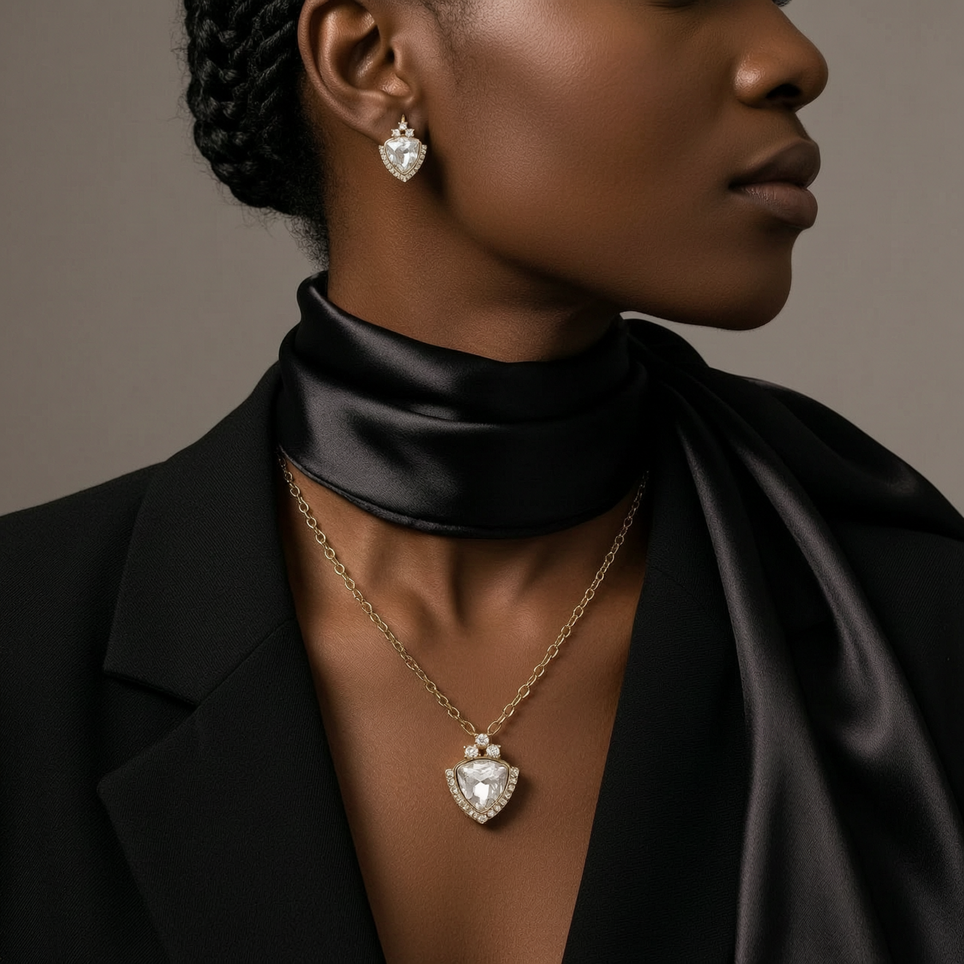 Woman wearing a black garment, gold necklace with a heart-shaped pendant, and diamond earrings against a neutral background.