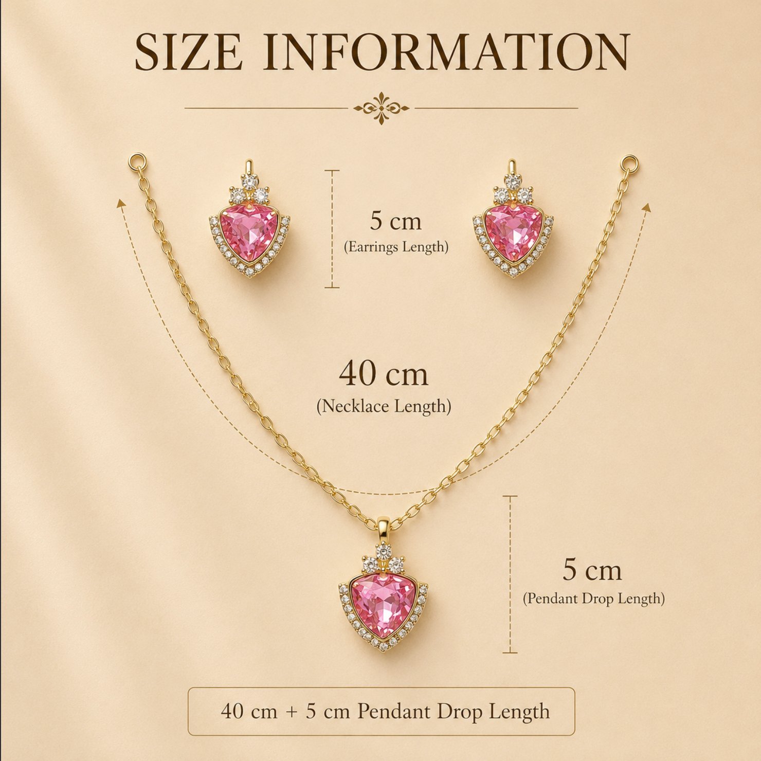 Jewelry set with pink heart-shaped pendants and measurements on a beige background