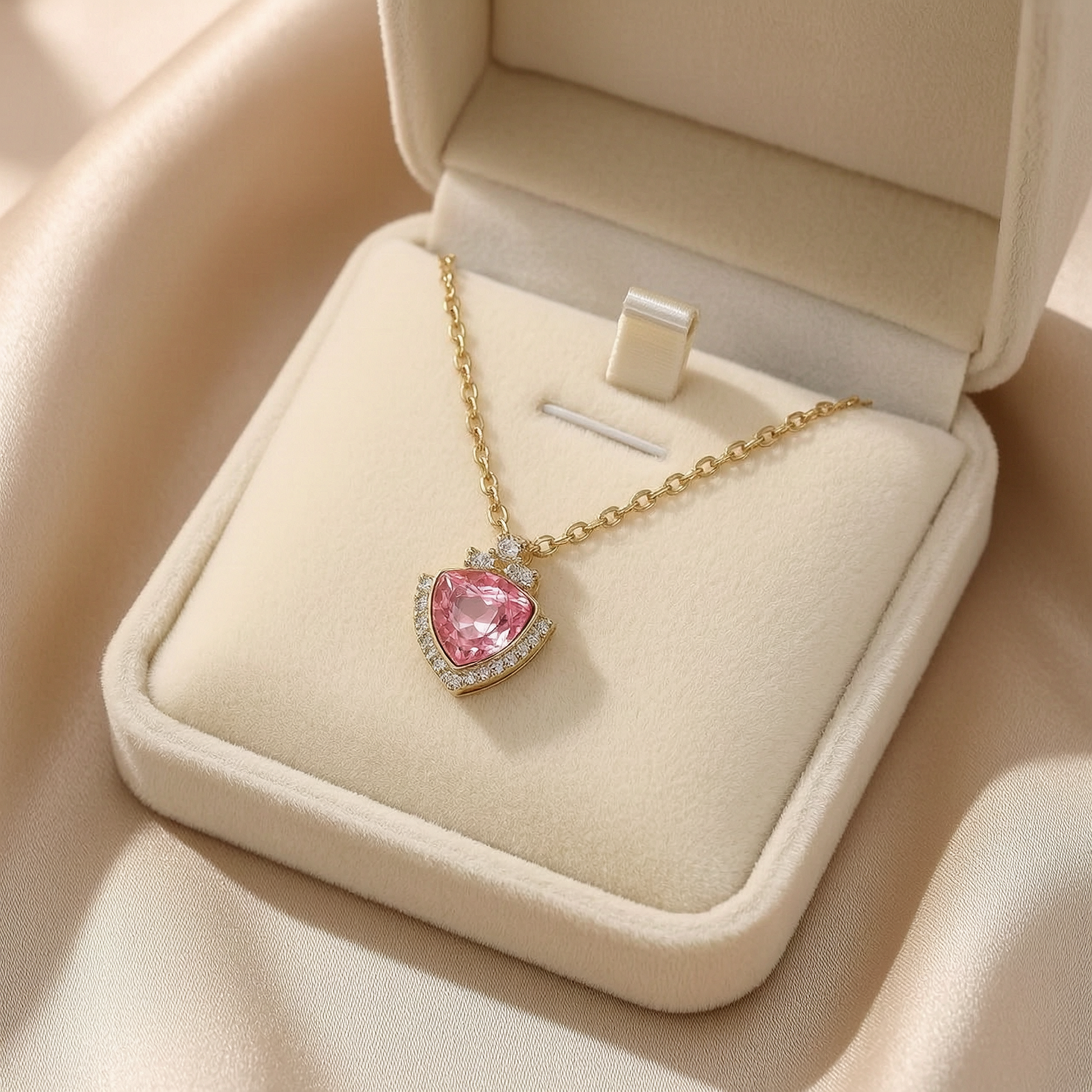 Gold necklace with a pink heart-shaped pendant in an open jewelry box.