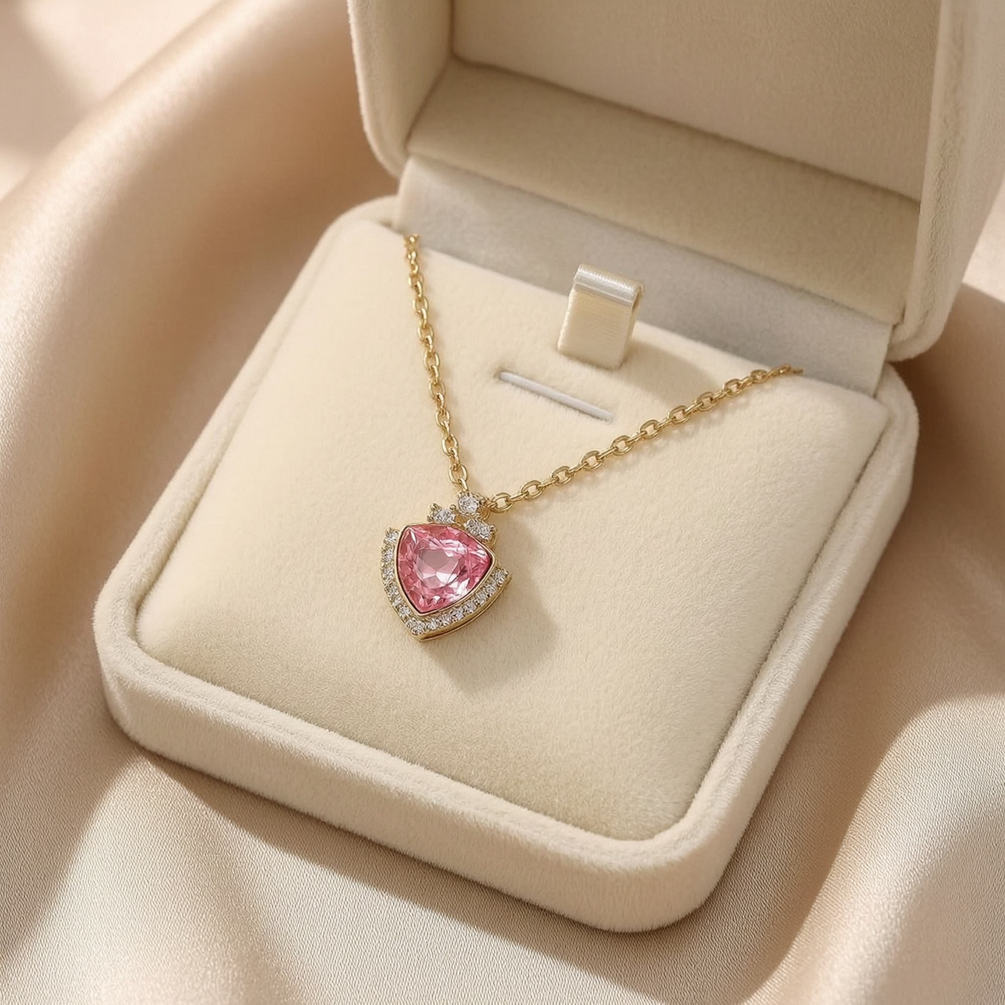 Gold necklace with a pink heart-shaped pendant in an open jewelry box.