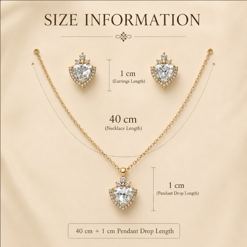 Jewelry set with necklace and earrings, showing measurements on a beige background