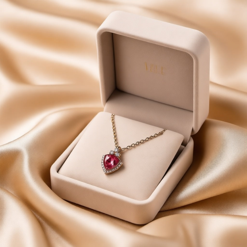 Jewelry box with a heart-shaped pendant on a beige fabric background