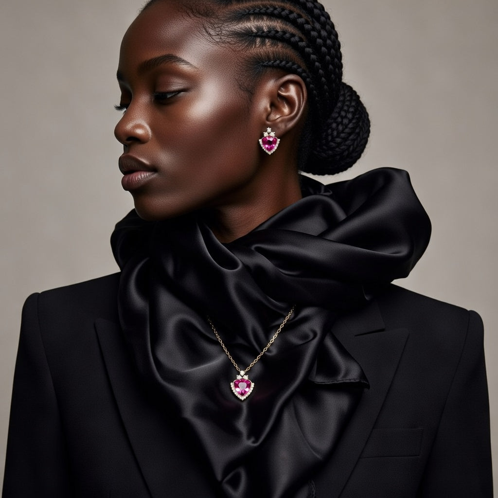 Woman wearing a black outfit with jewelry, including earrings and a necklace, on a neutral background.