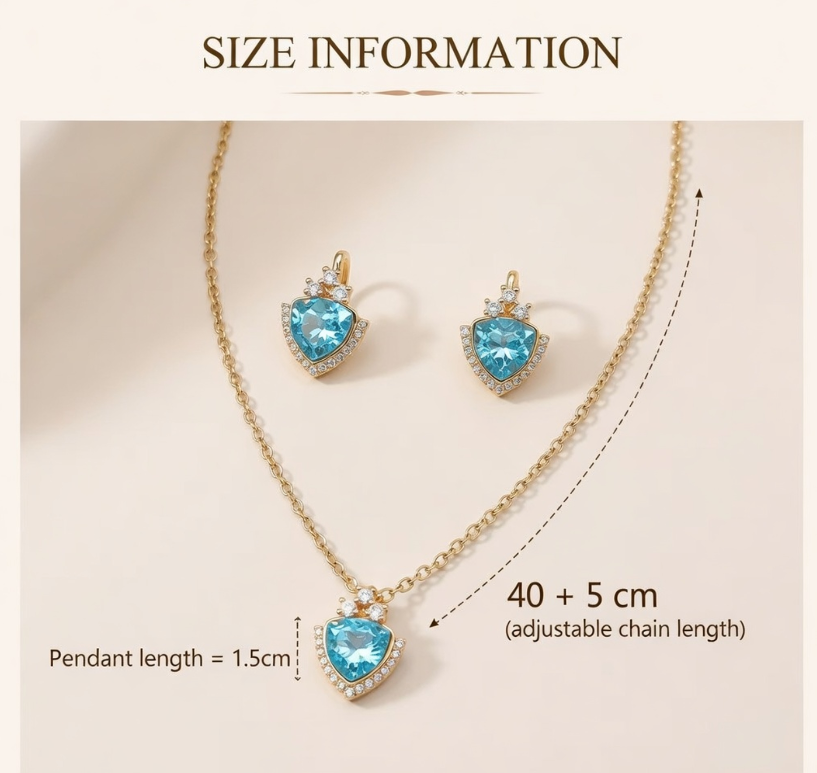 Jewelry set with blue heart-shaped stones and size information on a beige background