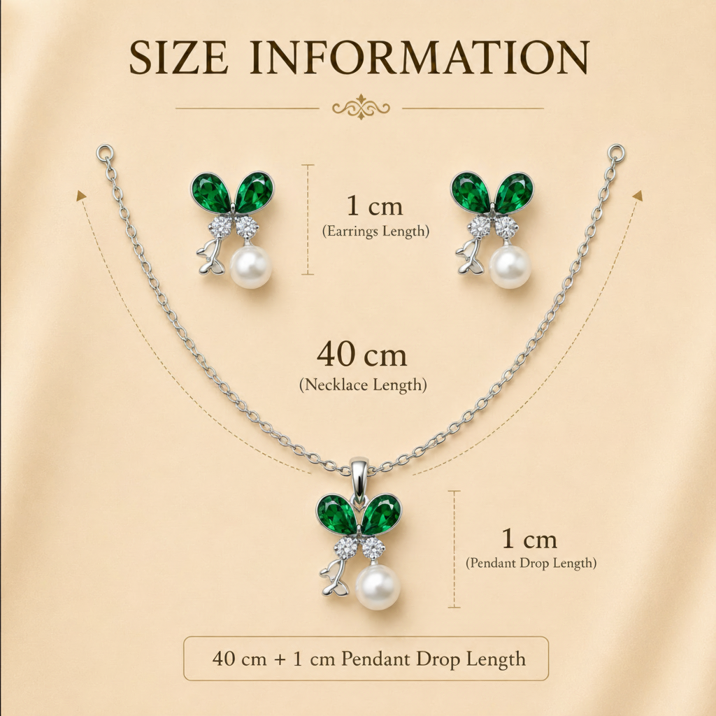 Jewelry set with necklace and earrings, including size information on a beige background.