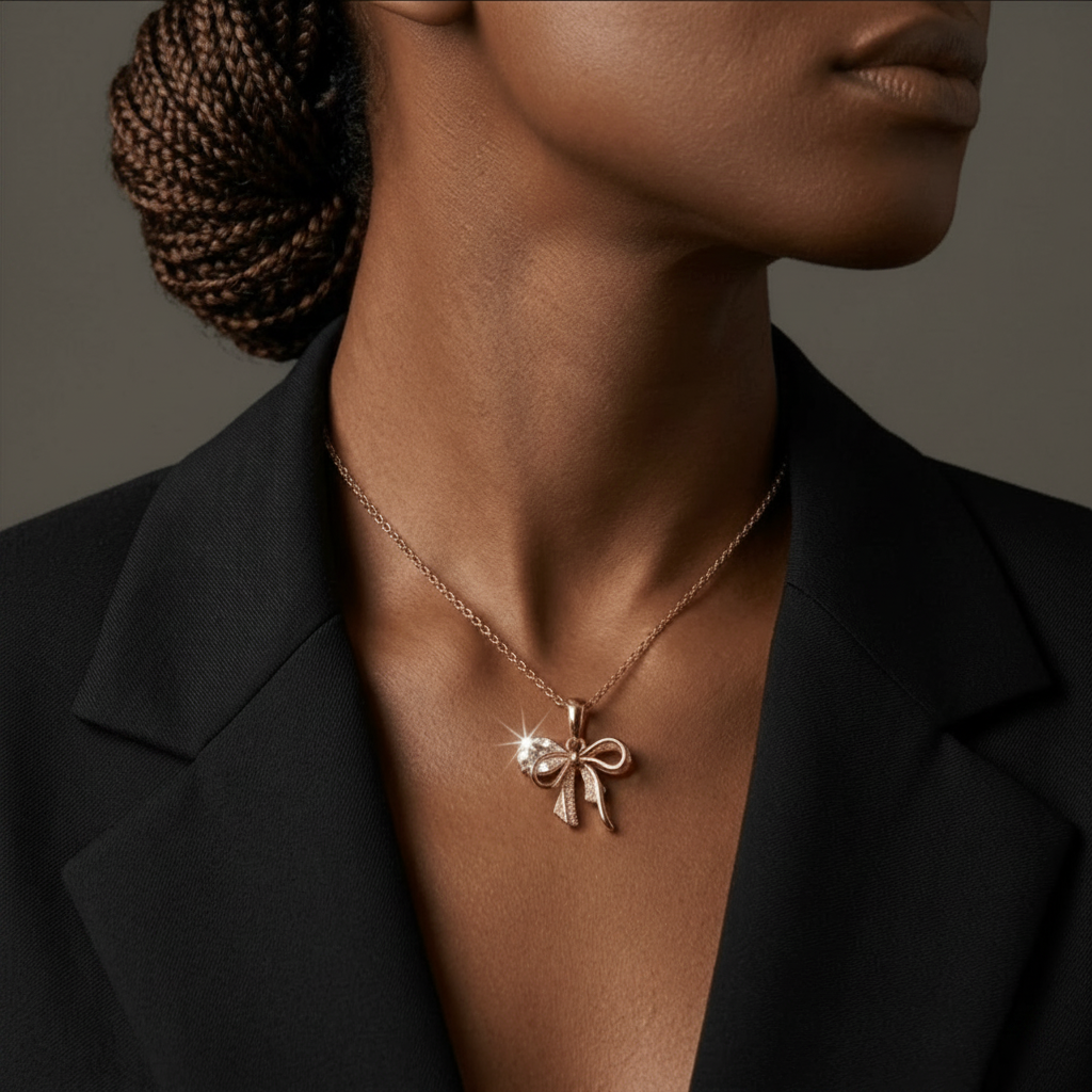 The Juliette Petite Bow Necklace clear 2 model