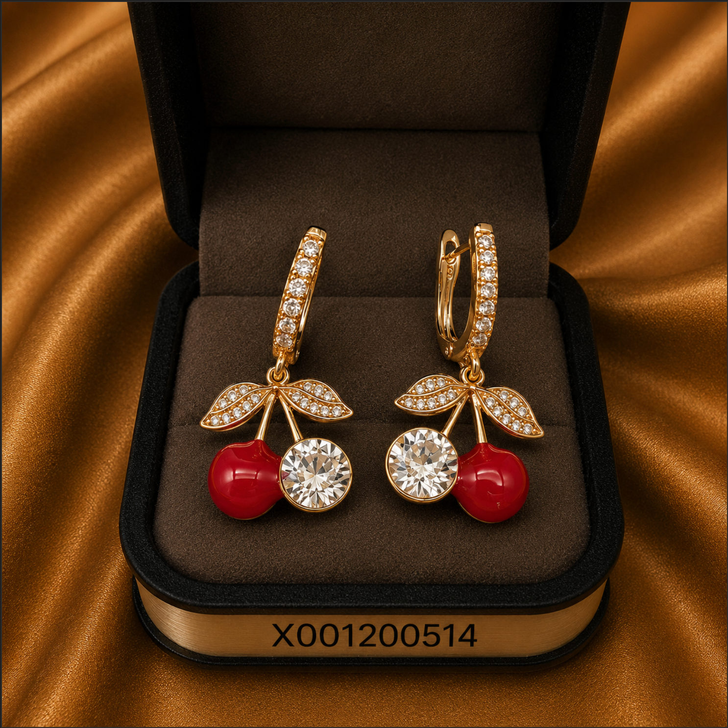 Cherry-themed earrings in a jewelry box on a brown fabric background