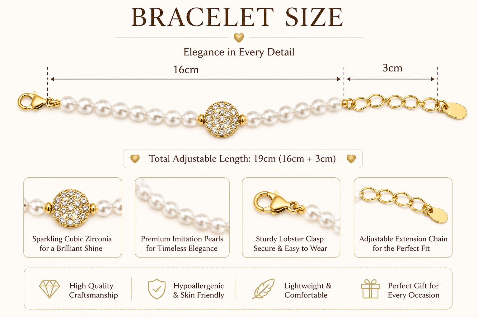 The Grace Bracelet – Gold Plated – Pearl - meausurement