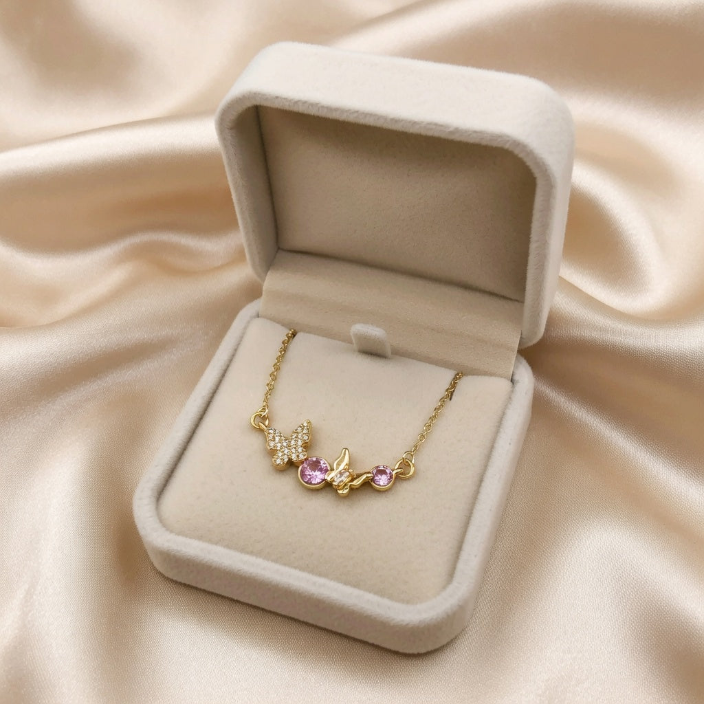 Enchanted Butterfly Station Necklace Gold Tone Asymmetrical Crystal Charm Necklace