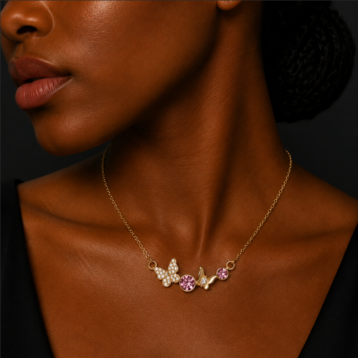 Enchanted Butterfly Station Necklace – Gold Tone Asymmetrical Crystal Charm Necklace
