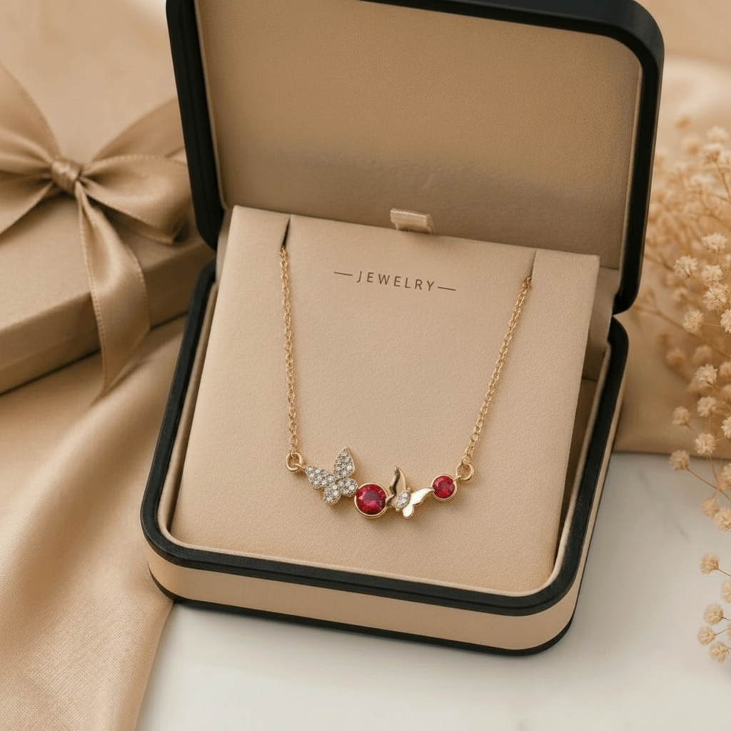 Enchanted Butterfly Station Necklace – Gold Tone Asymmetrical Crystal Charm Necklace