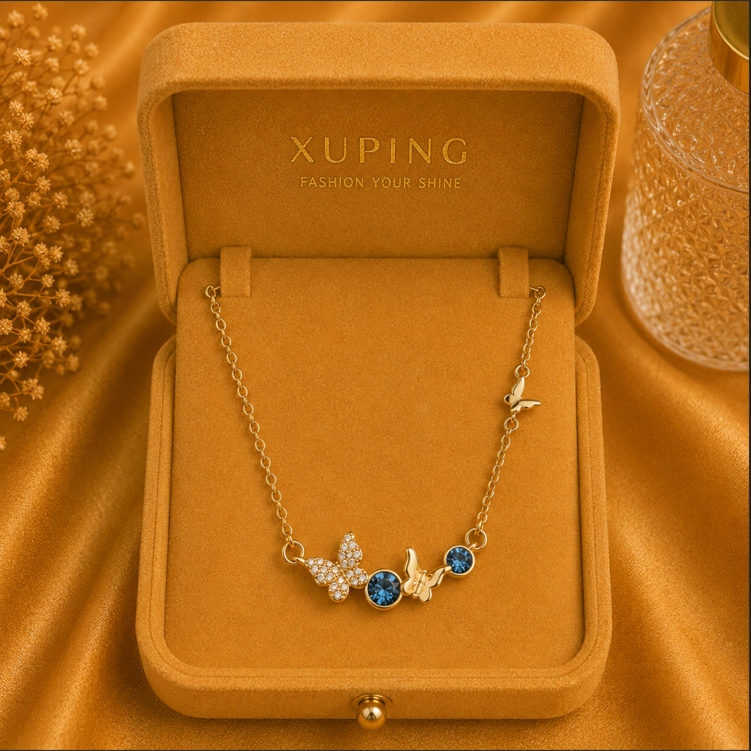 Enchanted Butterfly Station Necklace – Gold Tone Asymmetrical Crystal Charm Necklace
