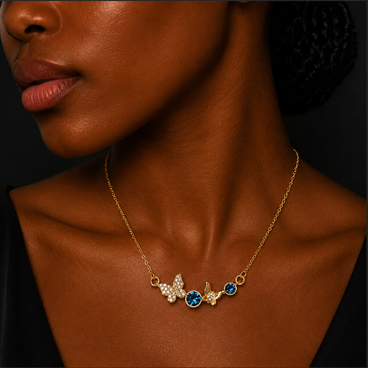 Enchanted Butterfly Station Necklace – Gold Tone Asymmetrical Crystal Charm Necklace