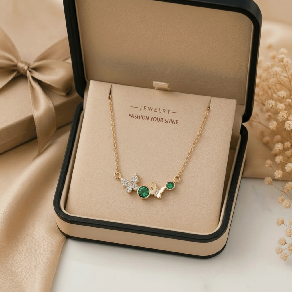 Enchanted Butterfly Station Necklace – Gold Tone Asymmetrical Crystal Charm Necklace
