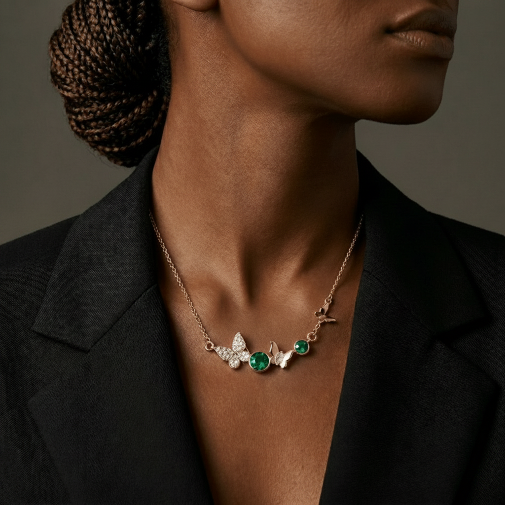 Enchanted Butterfly Station Necklace – Gold Tone Asymmetrical Crystal Charm Necklace