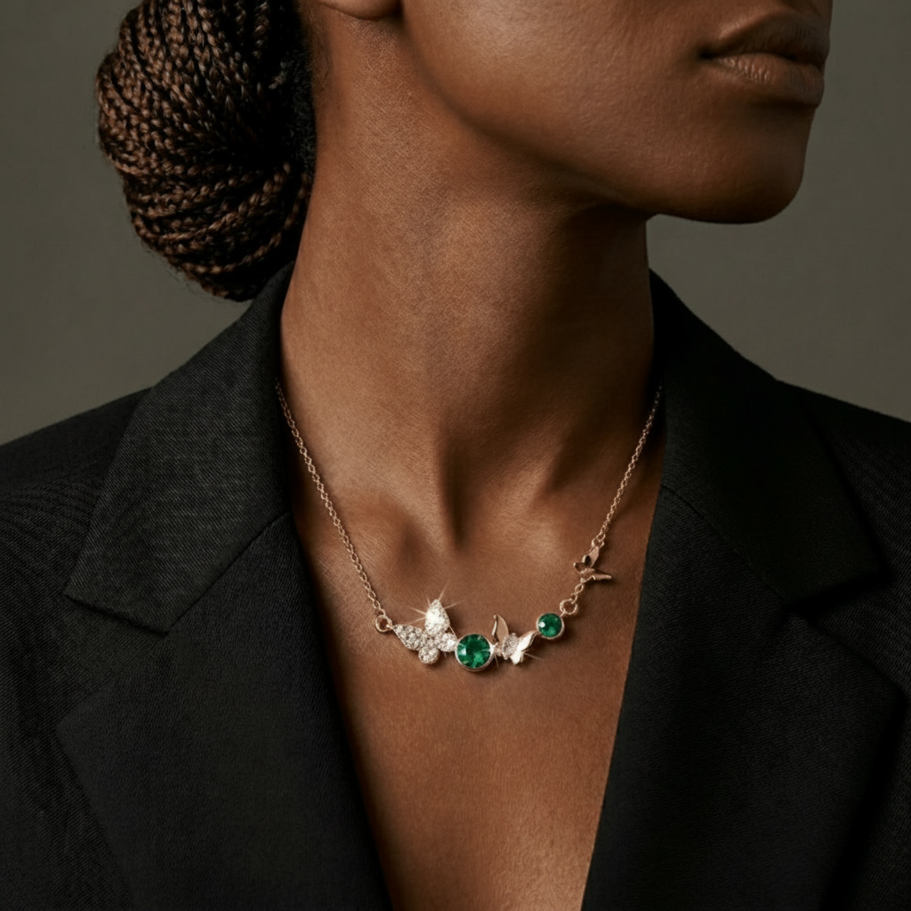 Enchanted Butterfly Station Necklace – Gold Tone Asymmetrical Crystal Charm Necklace