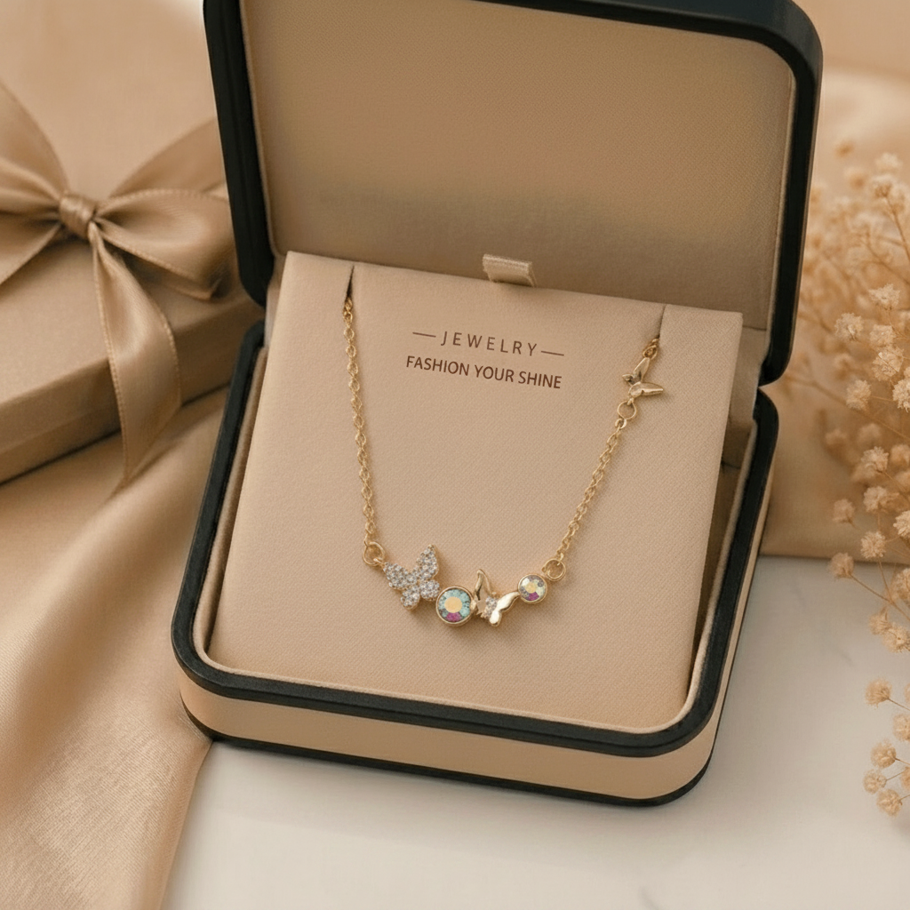 Enchanted Butterfly Station Necklace – Gold Tone Asymmetrical Crystal Charm Necklace