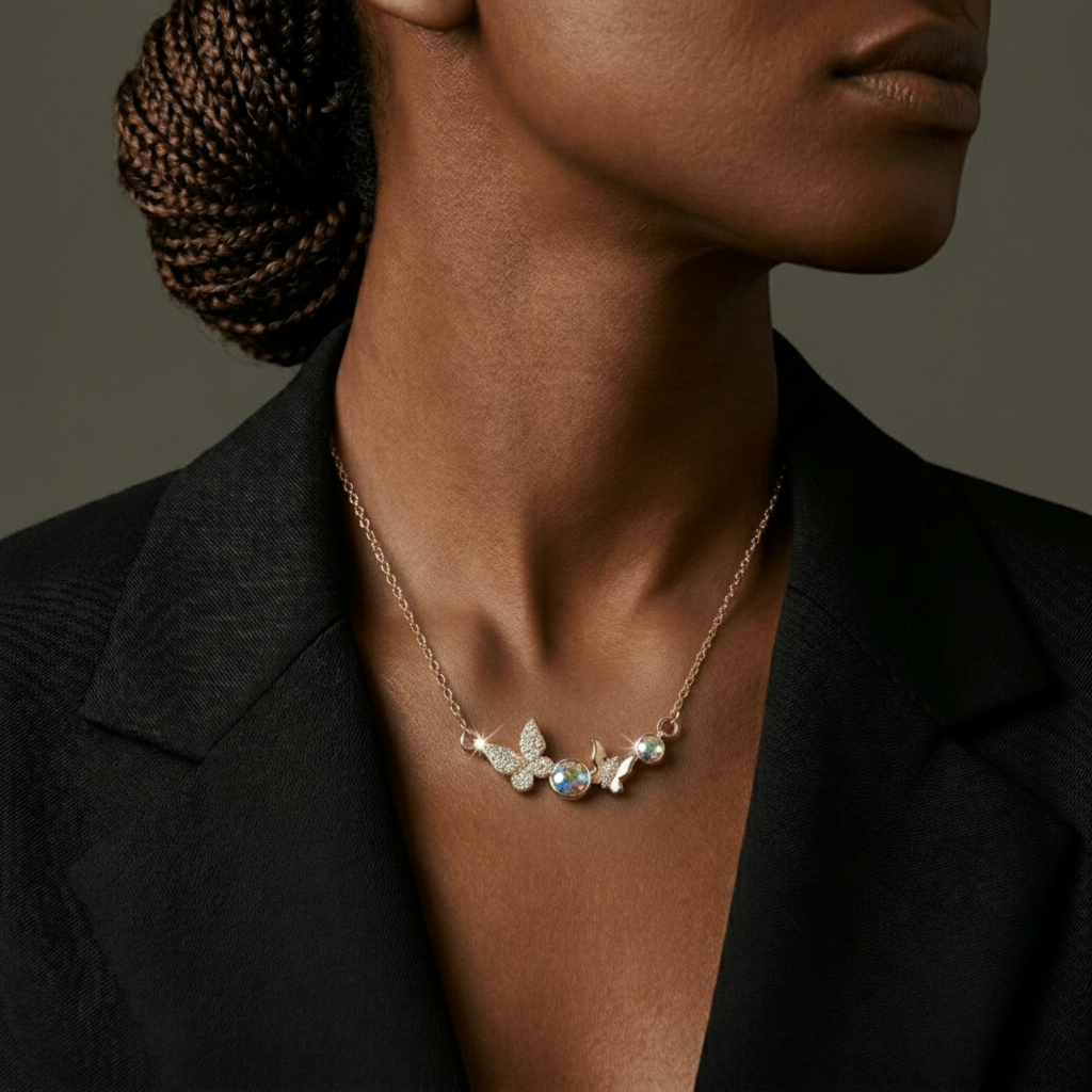 Enchanted Butterfly Station Necklace – Gold Tone Asymmetrical Crystal Charm Necklace