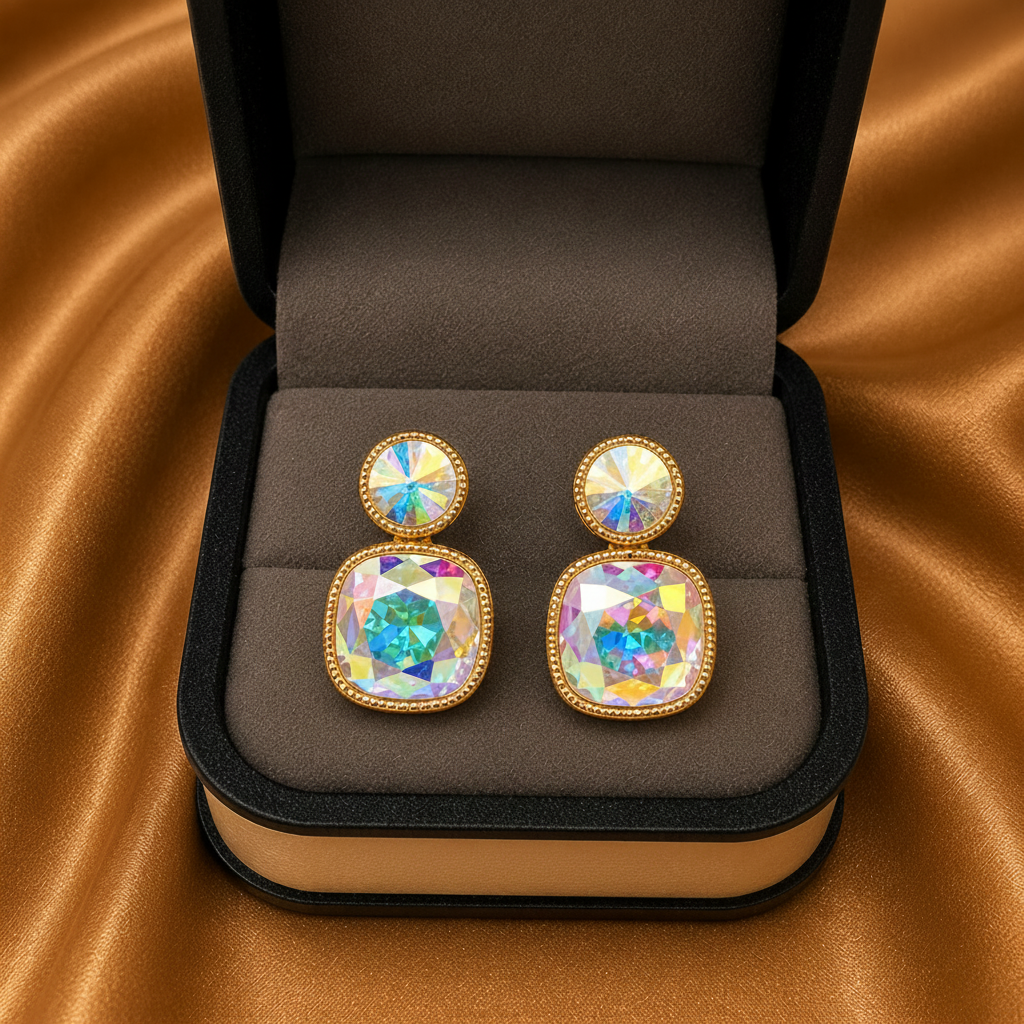 Pair of earrings in a jewelry box on a brown fabric background