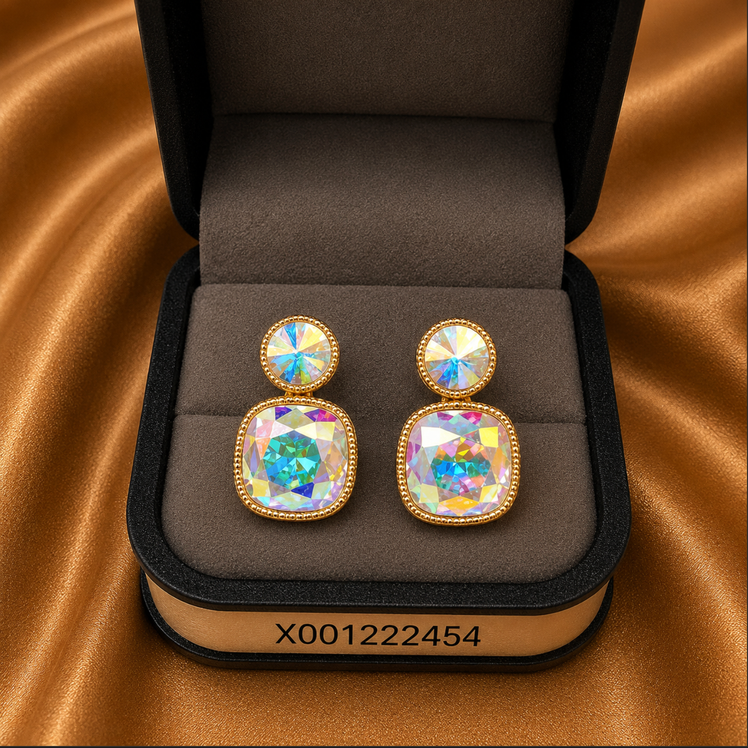 Pair of earrings in a jewelry box on a brown fabric background