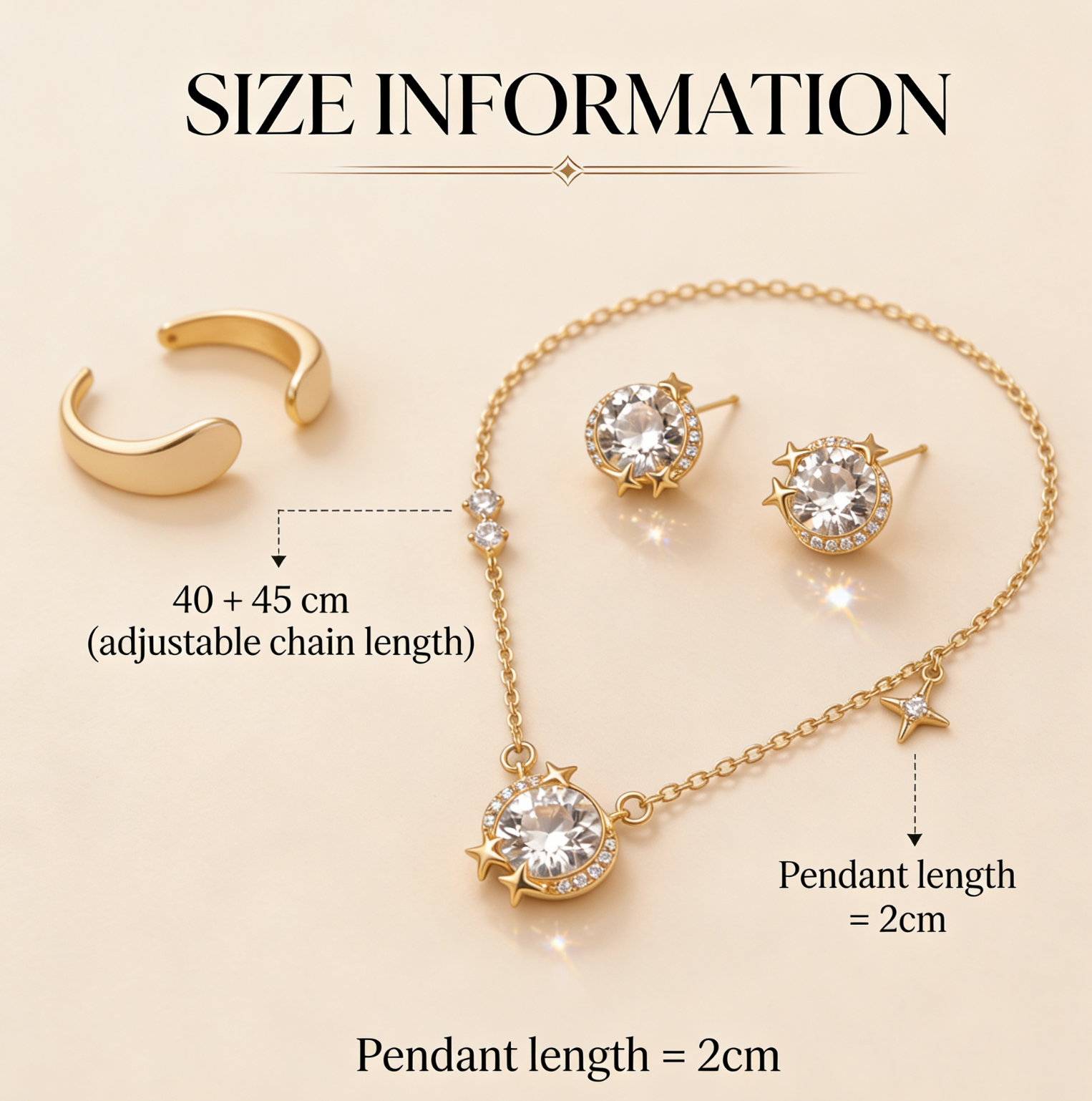 Gold jewelry set with necklace, earrings, and ring on a beige background, displaying size information.