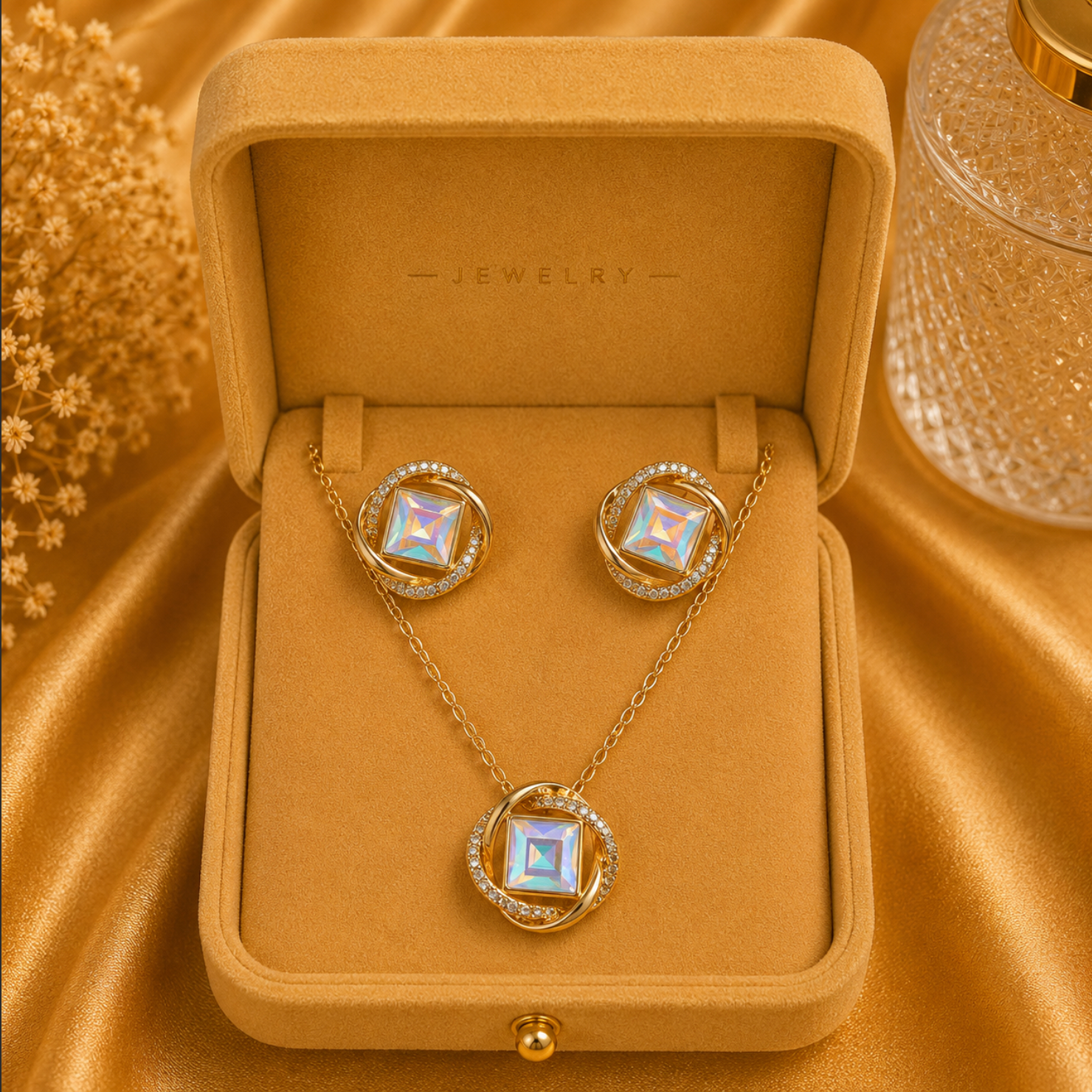 The Gemma Jewellery Set – 18k Gold Plated – Square Crystal