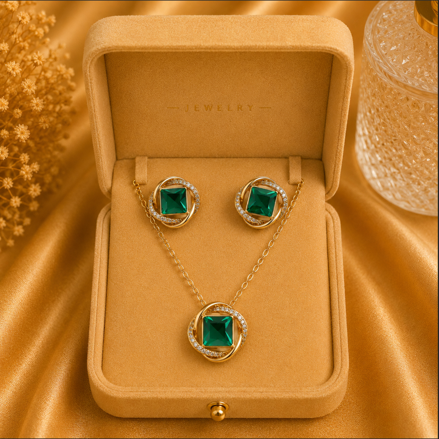 The Gemma Jewellery Set – 18k Gold Plated – Square Crystal