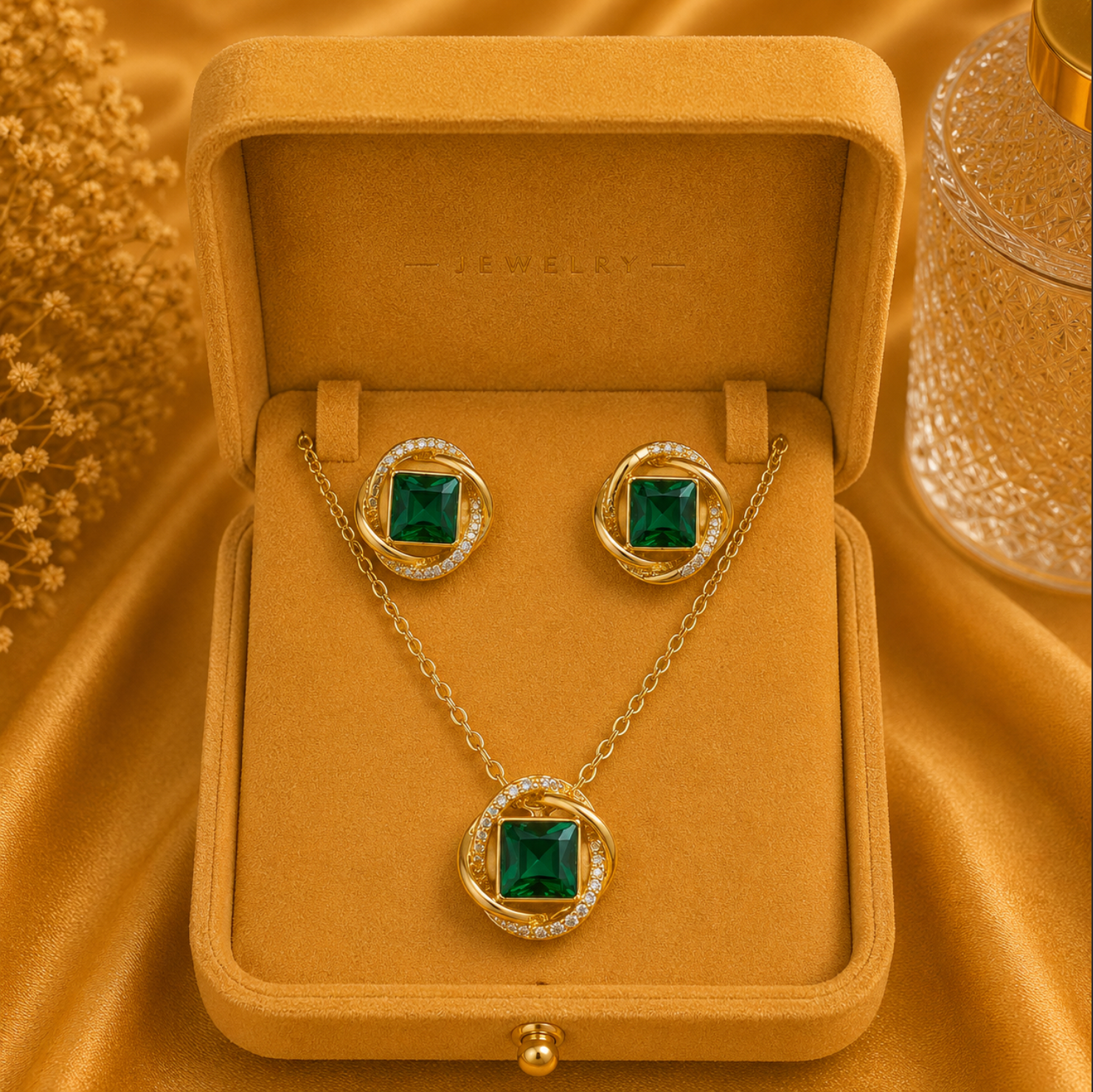 The Gemma Jewellery Set – 14k Gold Plated – Square Crystal