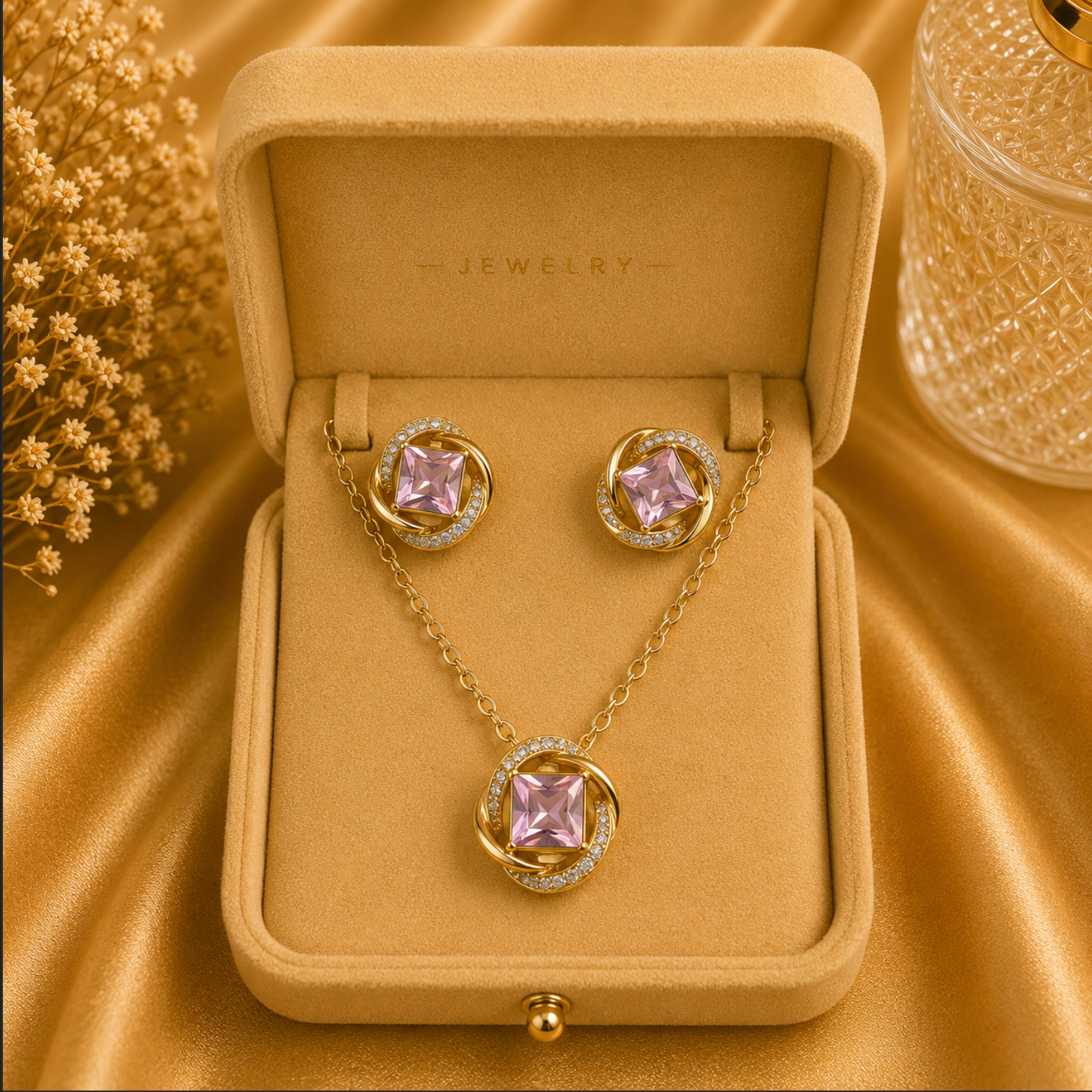 The Gemma Jewellery Set – 14k Gold Plated – Square Crystal