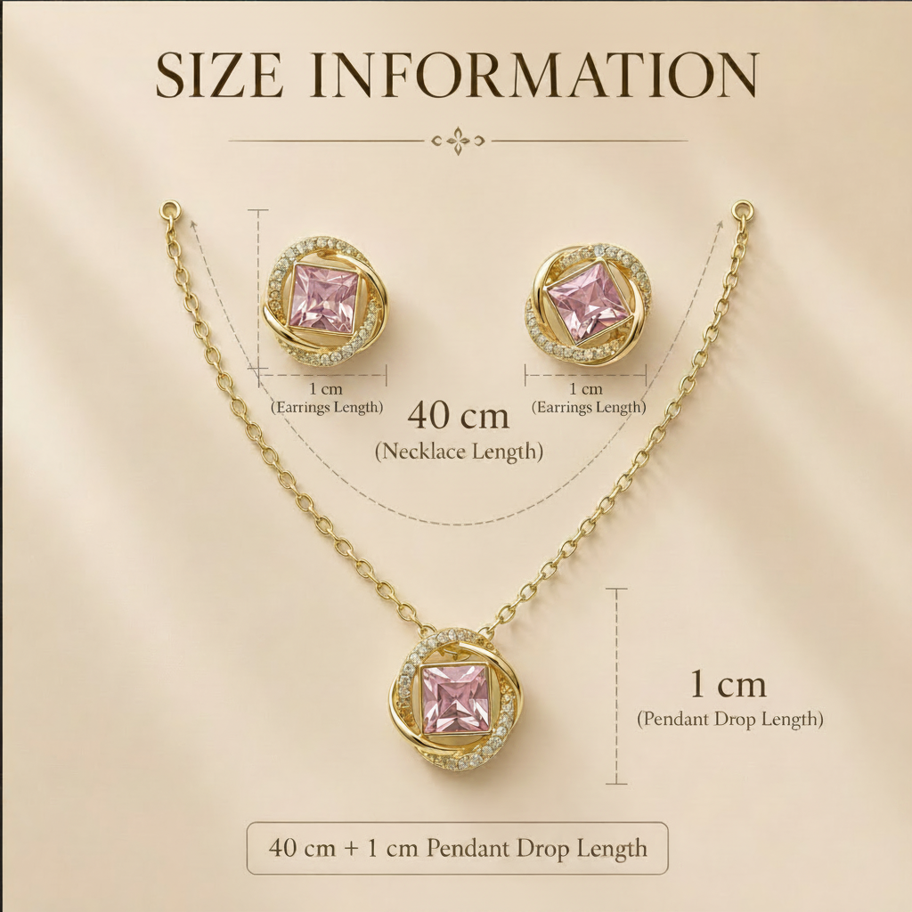 Jewelry set with pink gemstones and gold chains, including measurements on a beige background.