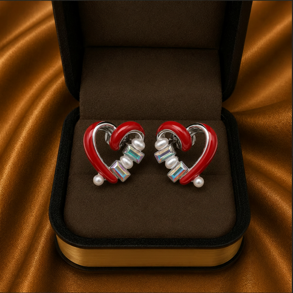 Heart-shaped earrings with red and silver design in a jewelry box on a brown fabric background