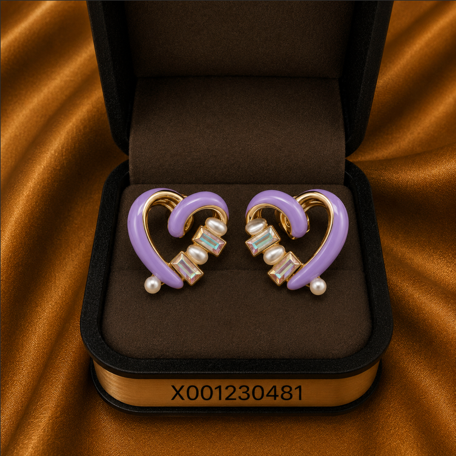 Heart-shaped earrings with purple hearts and pearl details in a jewelry box on a brown fabric background.