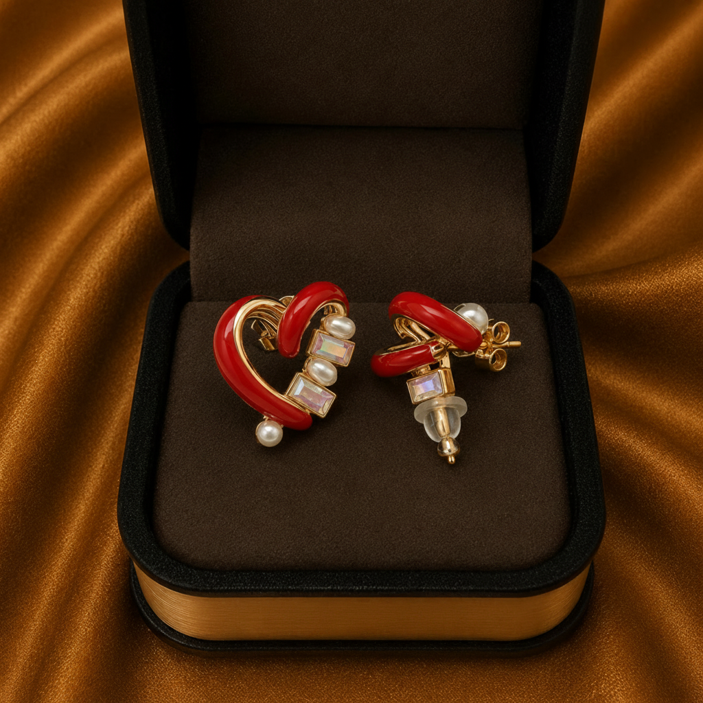 Heart-shaped earrings with pearl accents in a brown jewelry box on a brown fabric background