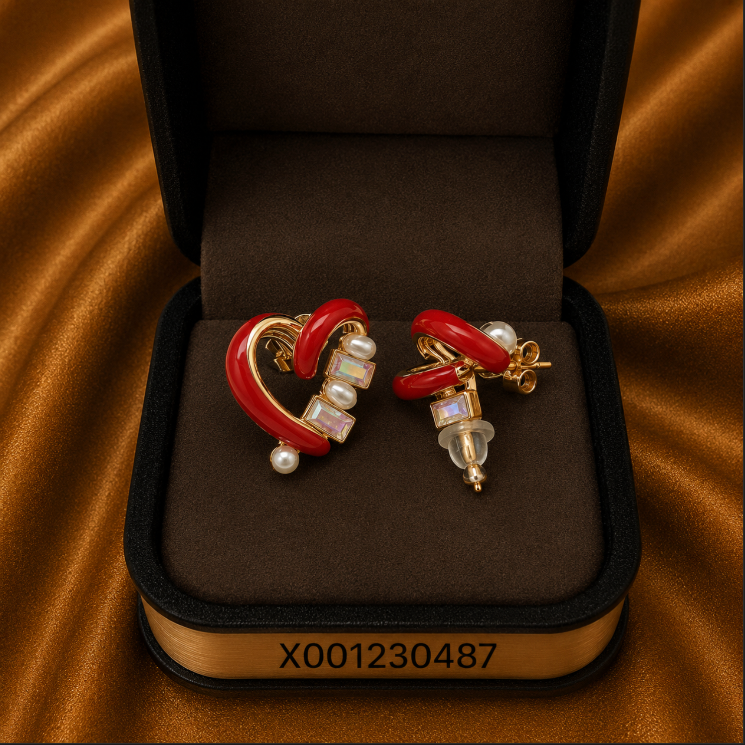 Heart-shaped earrings with pearl accents in a brown jewelry box on a brown fabric background
