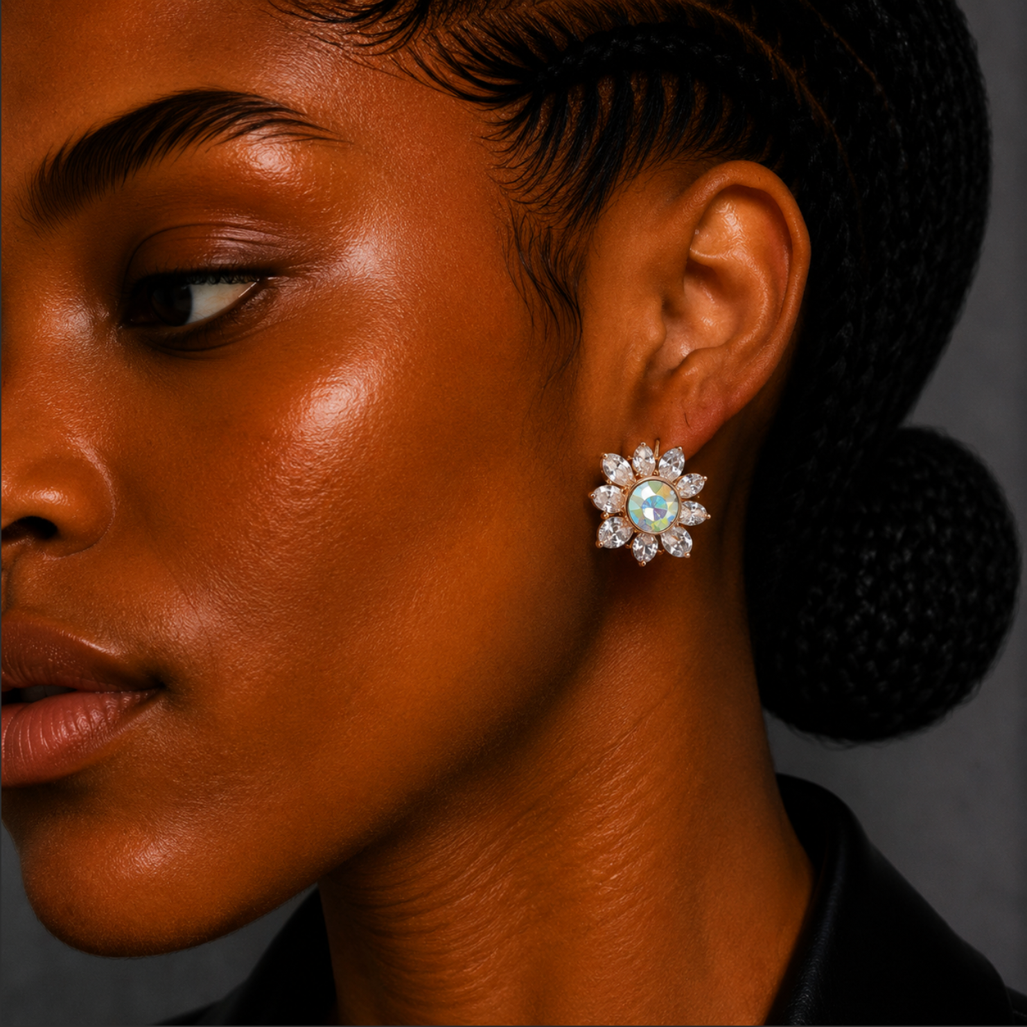 Close-up of a woman wearing a floral earring with a dark background