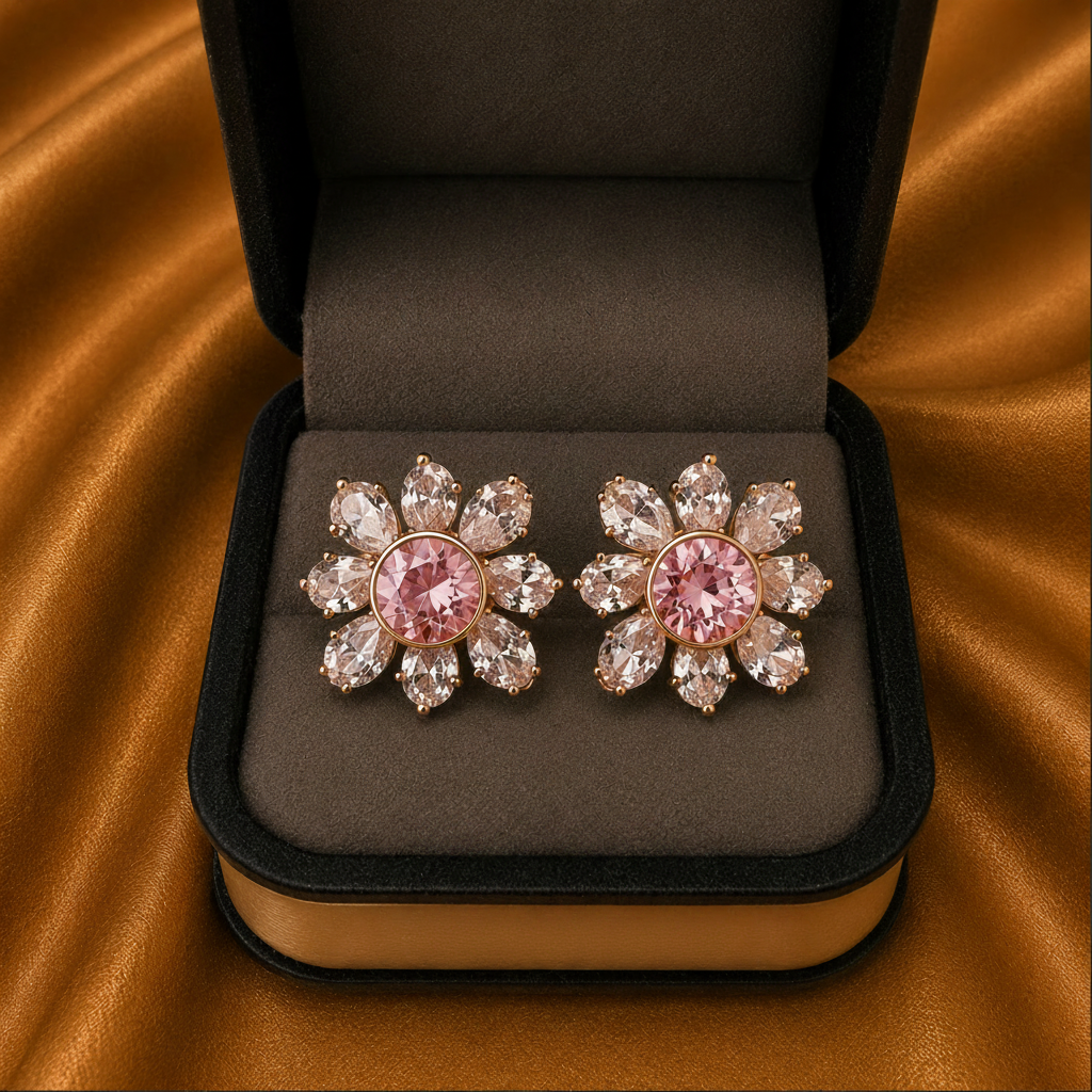 Floral Cluster Crystal Earrings – Rhodium Plated