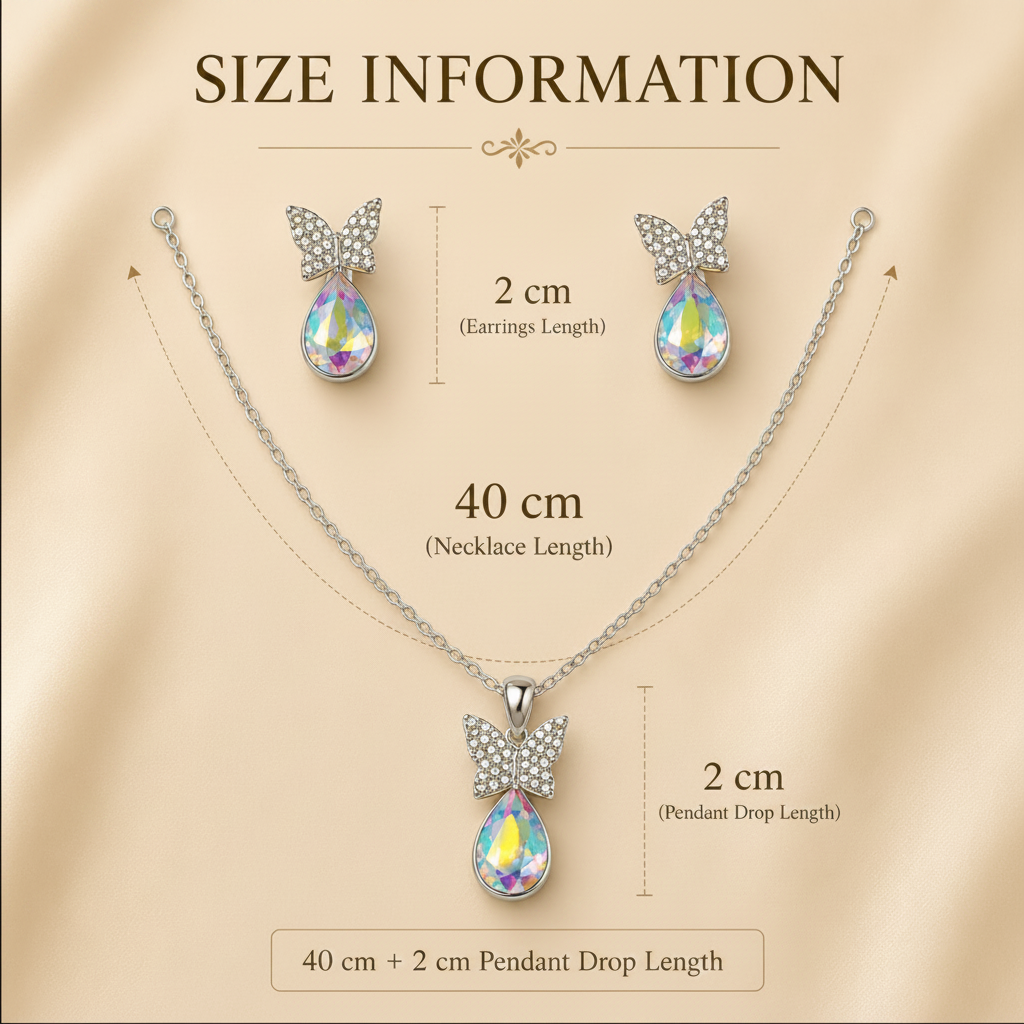 Jewelry set with butterfly design, including necklace and earrings, on a beige background with size information.