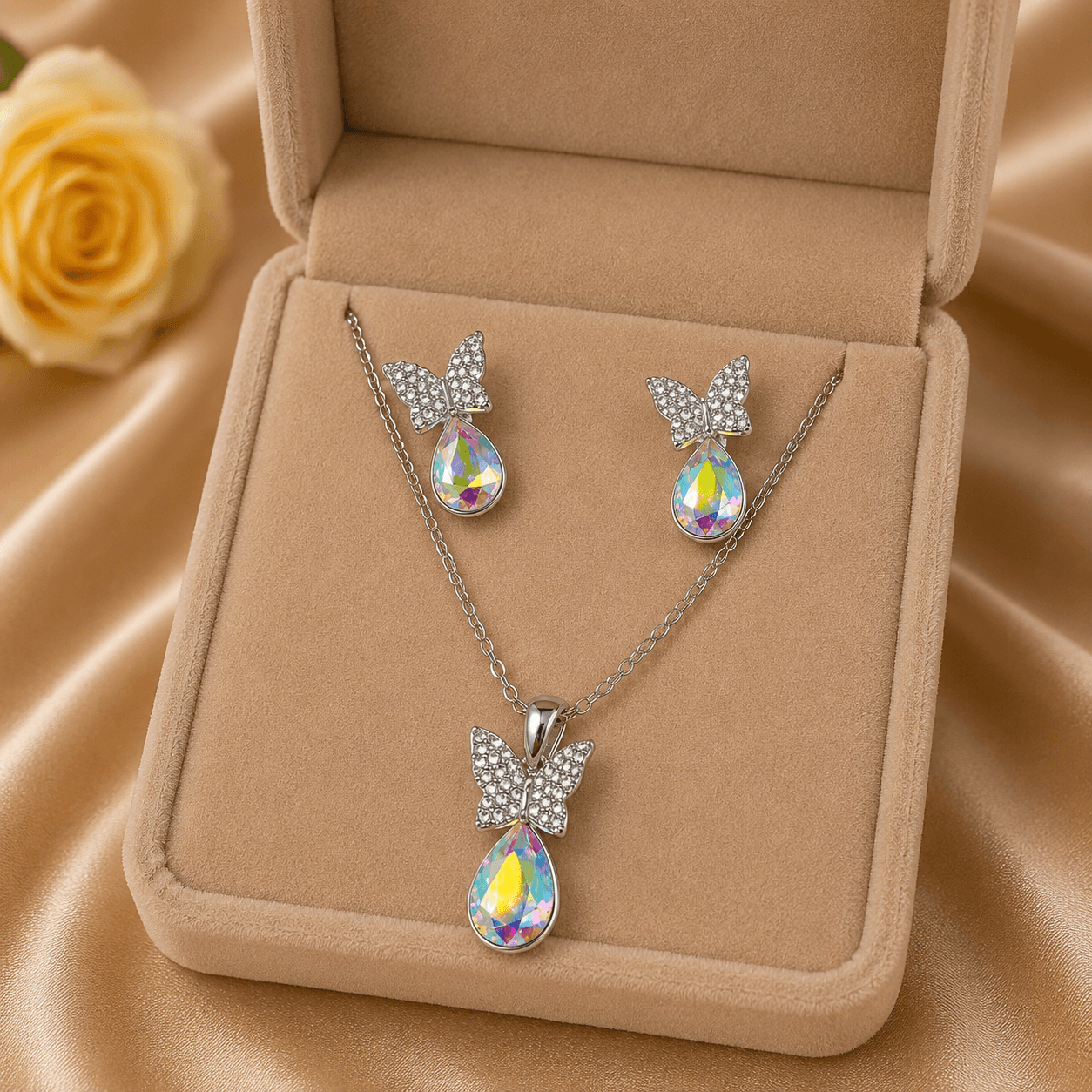 The Bianca Jewellery Set – Rhodium Plated – Bow Pendant