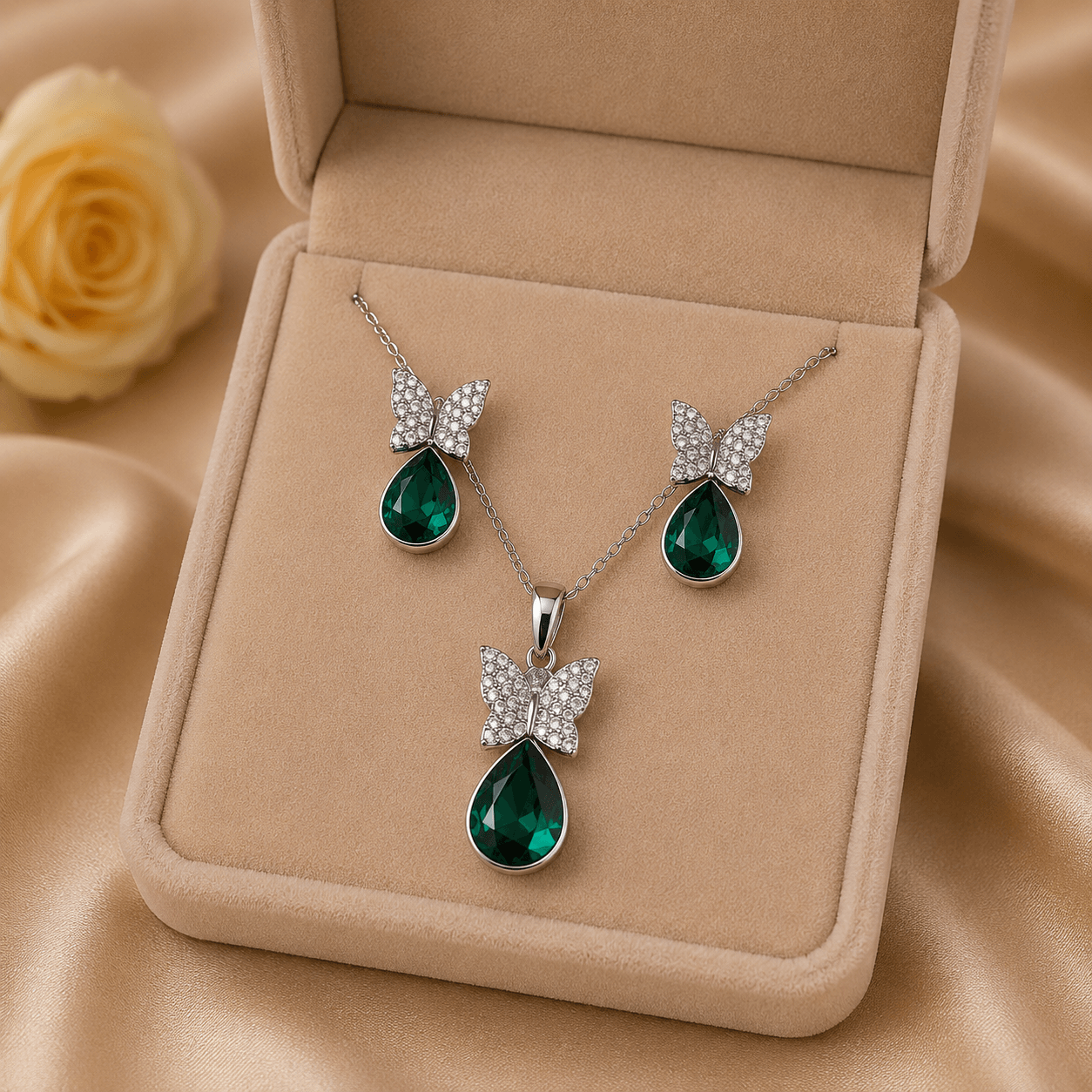 The Bianca Jewellery Set – Rhodium Plated – Bow Pendant