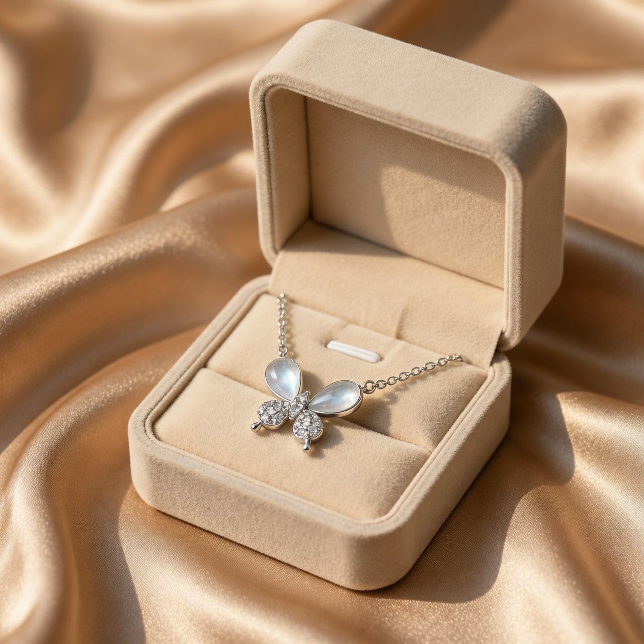 Butterfly necklace in a beige jewelry box on a beige fabric background