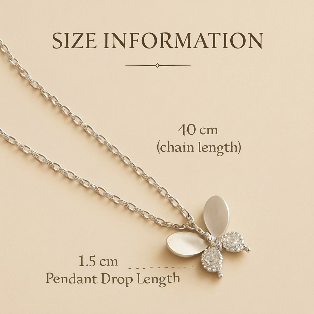 Silver necklace with pendant on a beige background, showing size information.