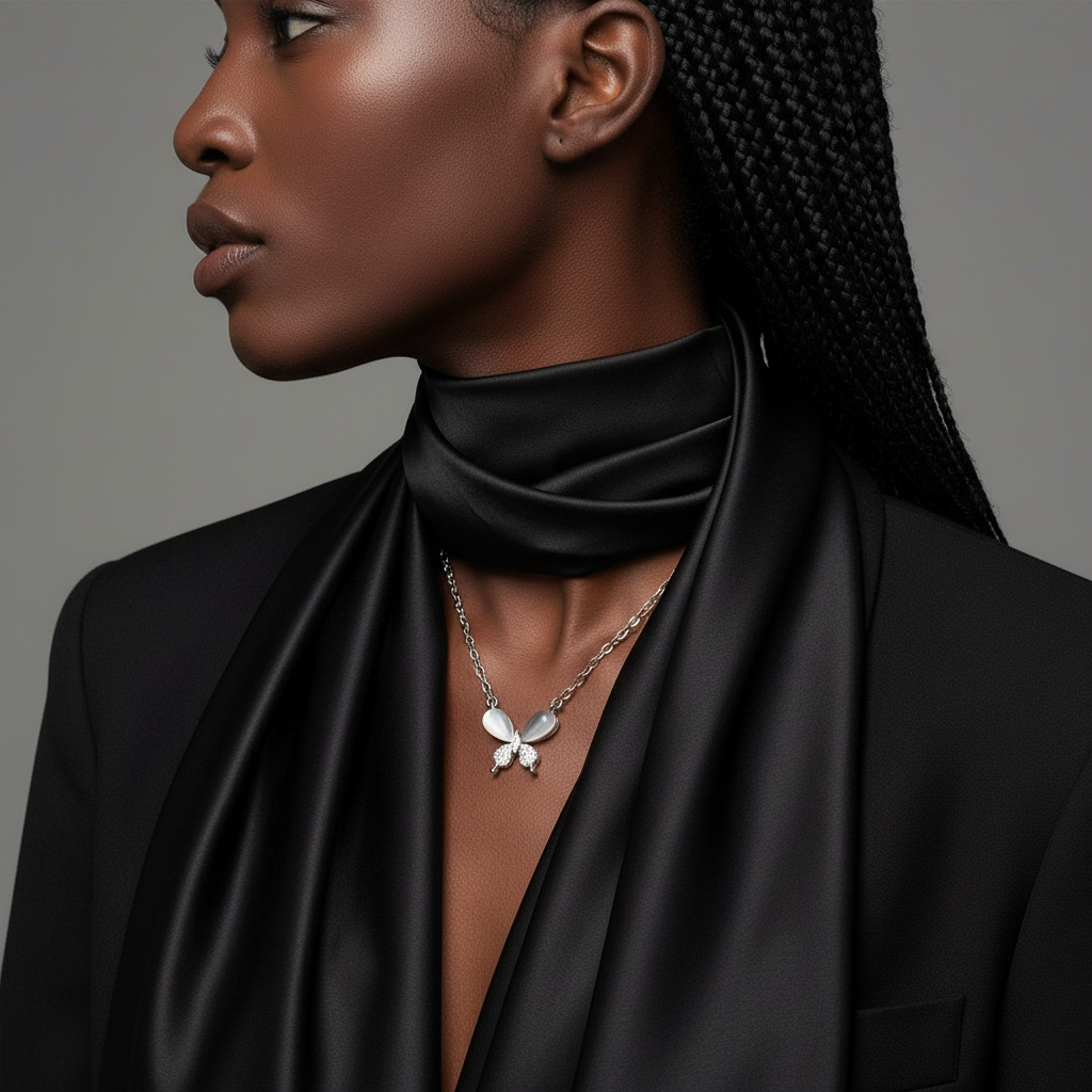 Woman wearing a black outfit with a butterfly necklace against a gray background