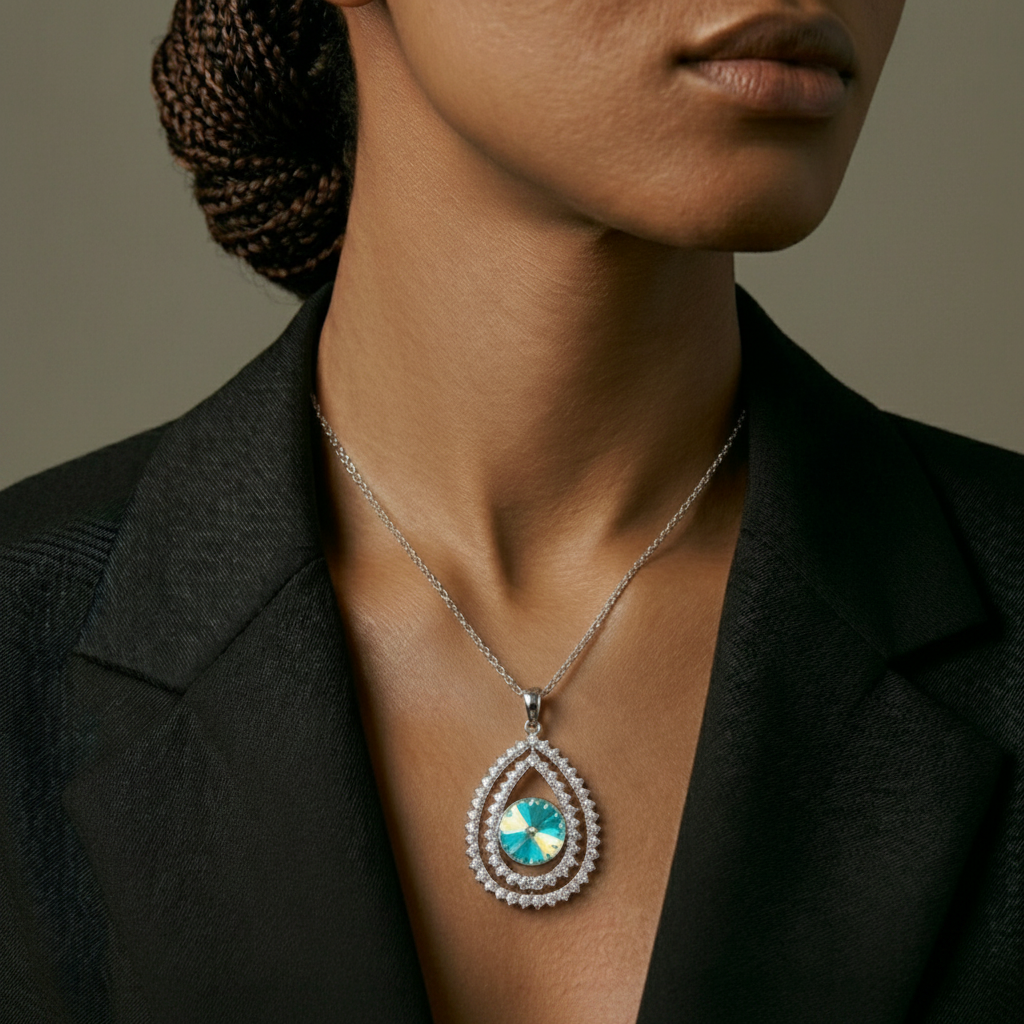 Teardrop-shaped necklace with a blue gemstone worn by a person in a black blazer.
