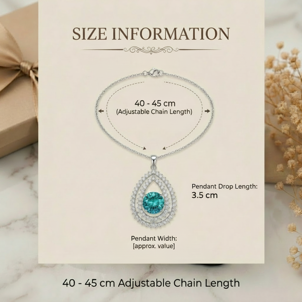 Jewelry size information card with pendant and chain details on a marble surface.