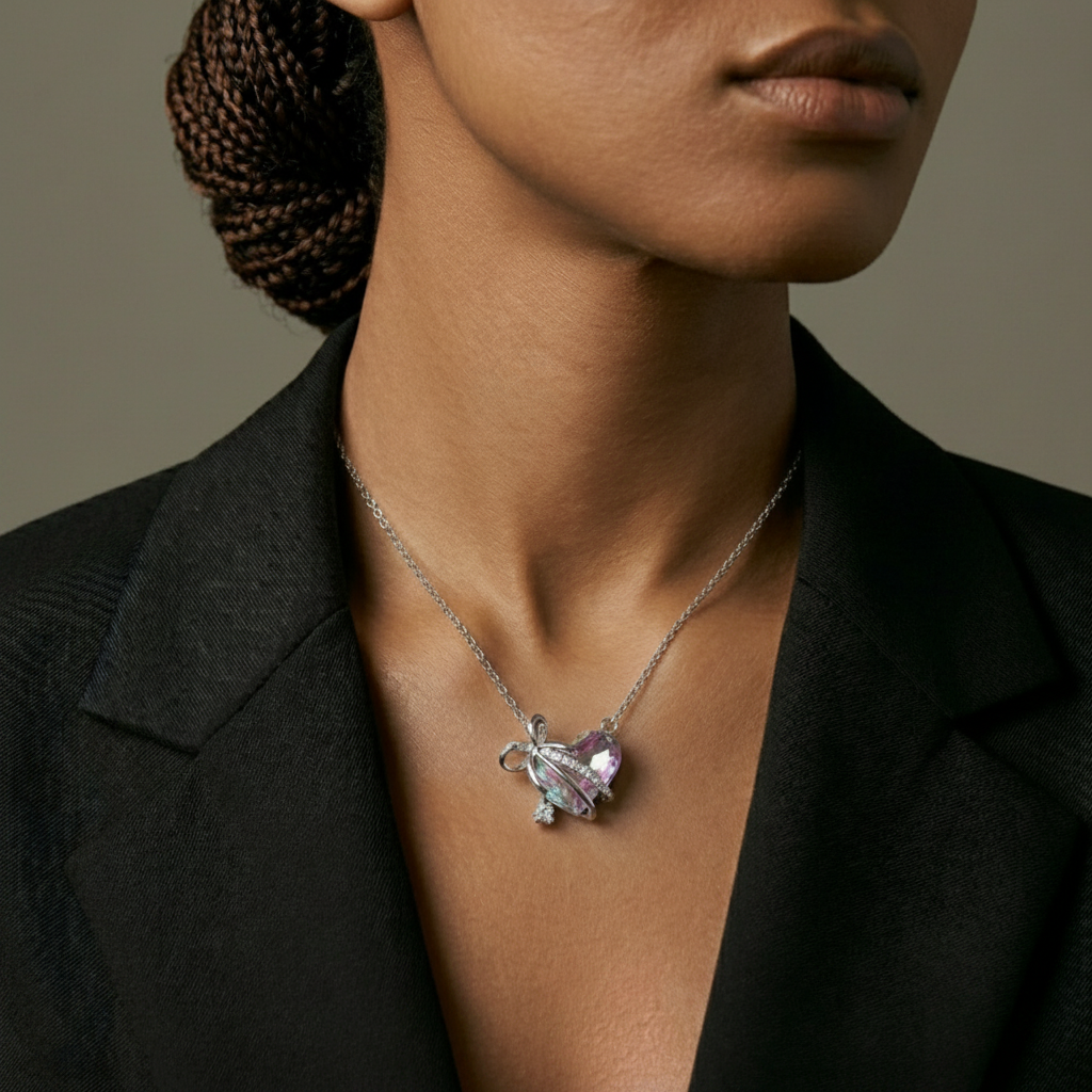 Necklace with a heart-shaped pendant worn by a person against a neutral background