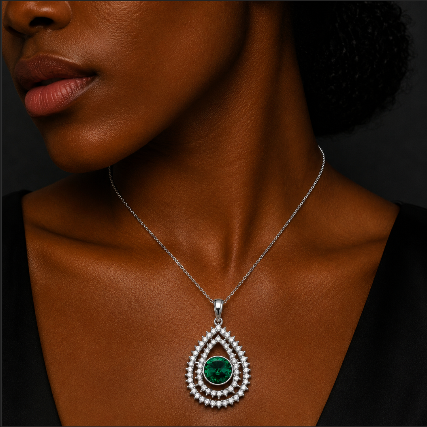Necklace with a green gemstone pendant on a dark background