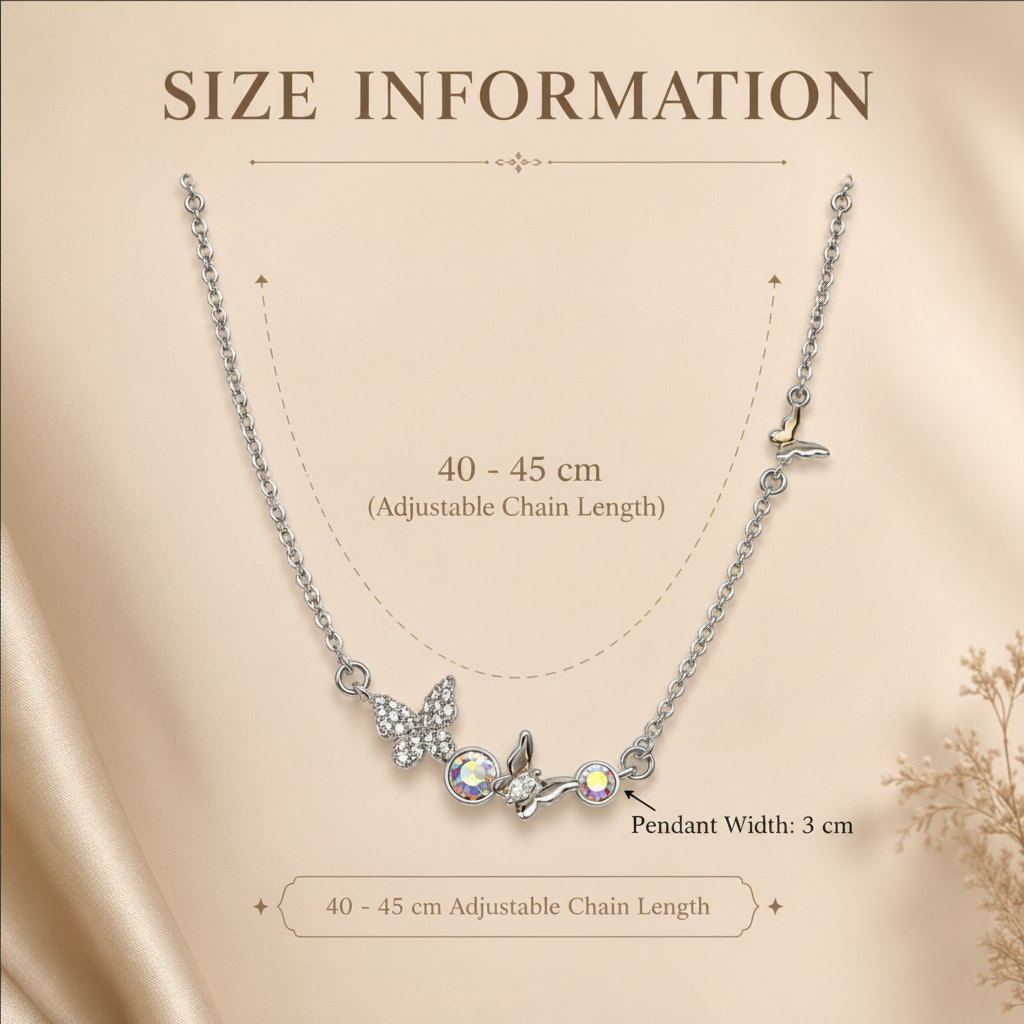 Necklace with butterfly pendant on a beige background, showing size information.