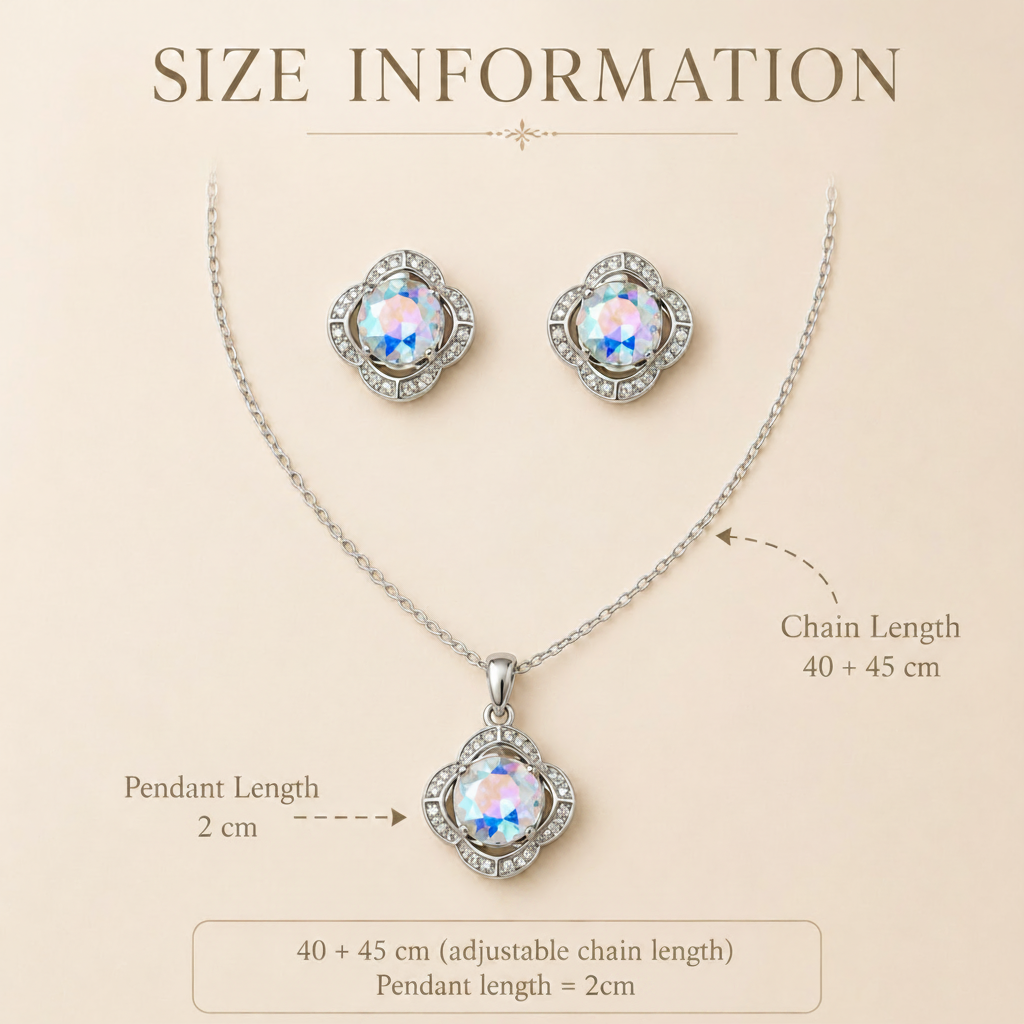 Jewelry set with necklace, pendant, and earrings on a beige background with size information.