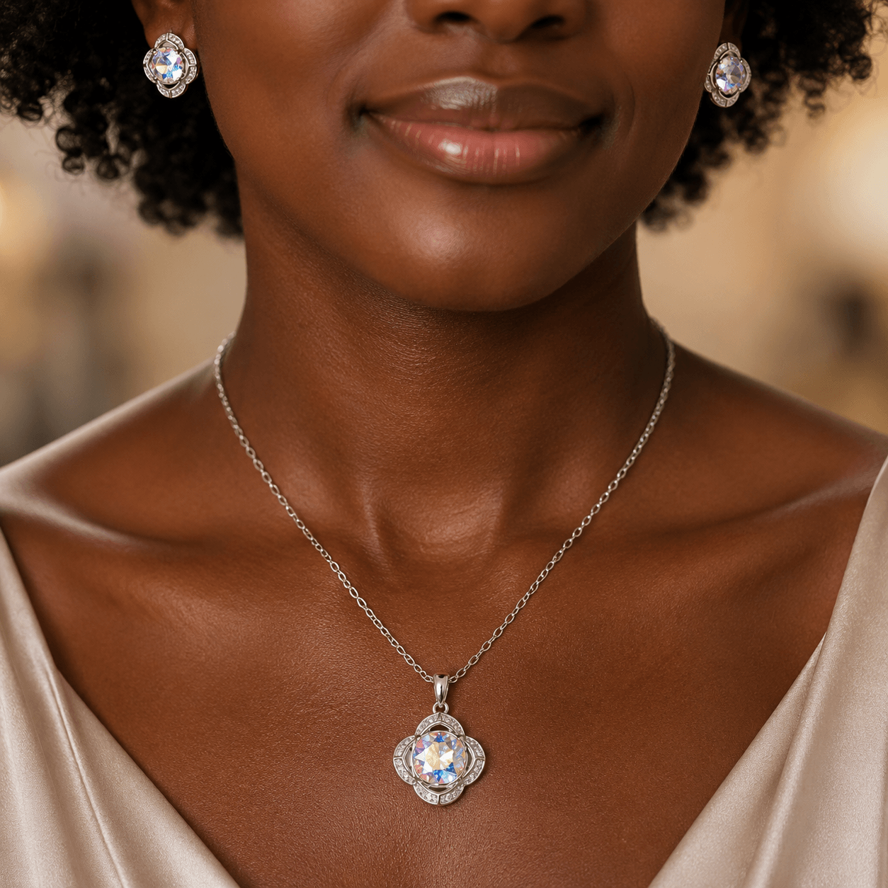 Woman wearing a silver necklace with a floral pendant